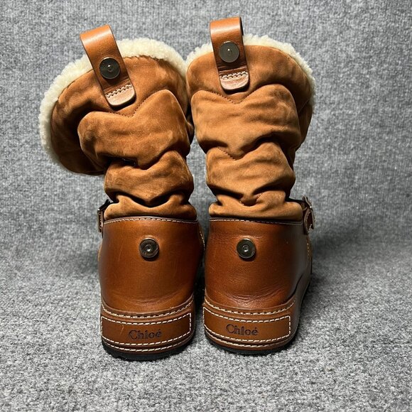 Chloe Maxie Shearling Fur Lined Brown Tan Snow Boots Fold Down Size 36 / US 6 - Picture 4 of 11